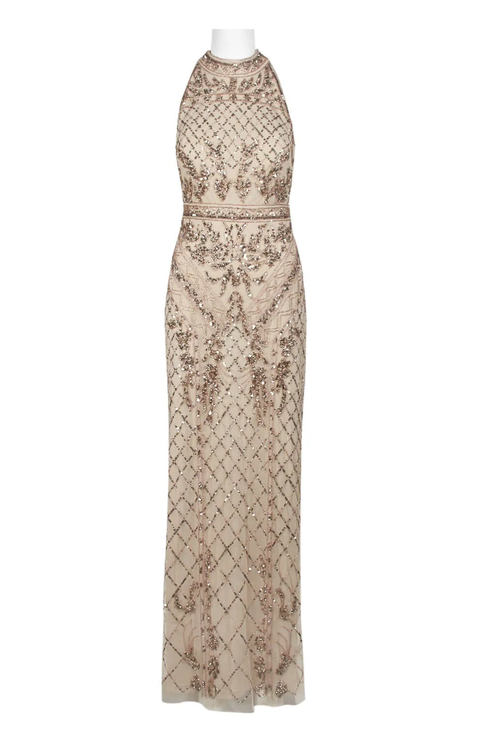Adrianna Papell Halter Neck Racer Back Slit Back Embellished Mesh Dress