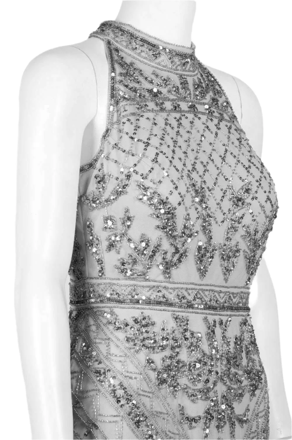 Adrianna Papell Halter Neck Racer Back Slit Back Embellished Mesh Dress