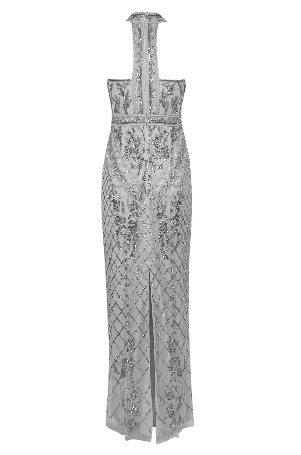 Adrianna Papell Halter Neck Racer Back Slit Back Embellished Mesh Dress