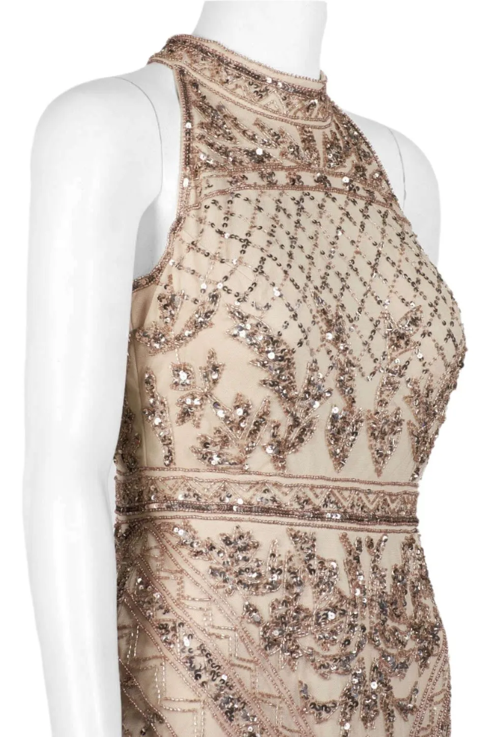 Adrianna Papell Halter Neck Racer Back Slit Back Embellished Mesh Dress