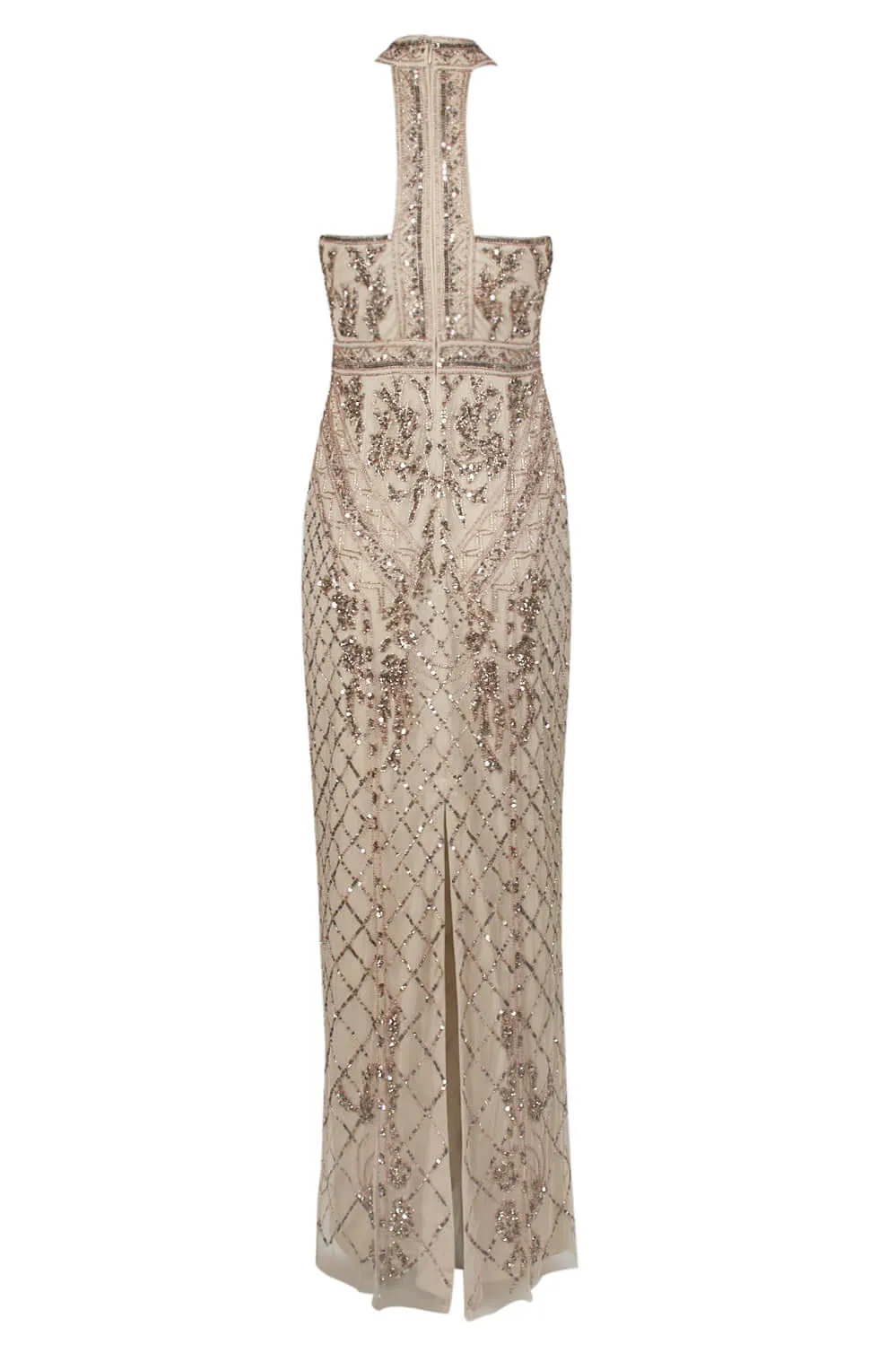 Adrianna Papell Halter Neck Racer Back Slit Back Embellished Mesh Dress