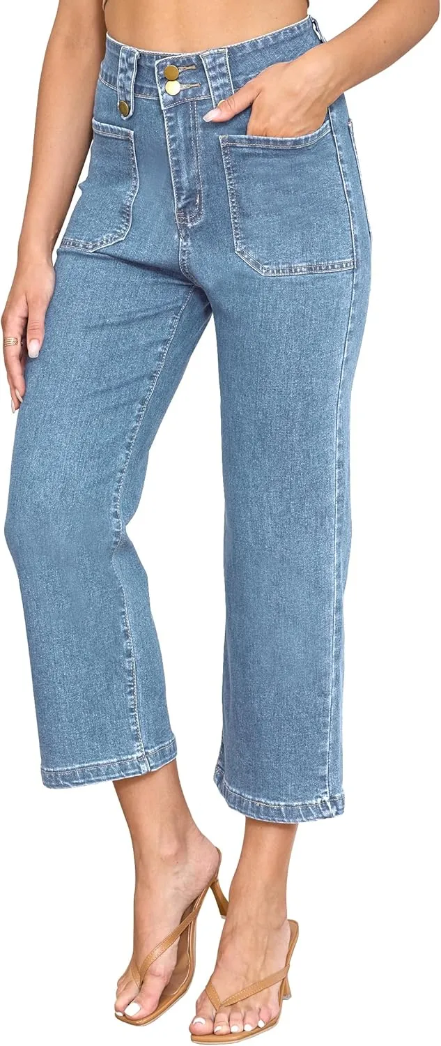ALLABREVE Women's Wide Leg Jeans High Waisted Stretchy Straight Leg Jeans Buttoned Loose Denim Pants with Pocket