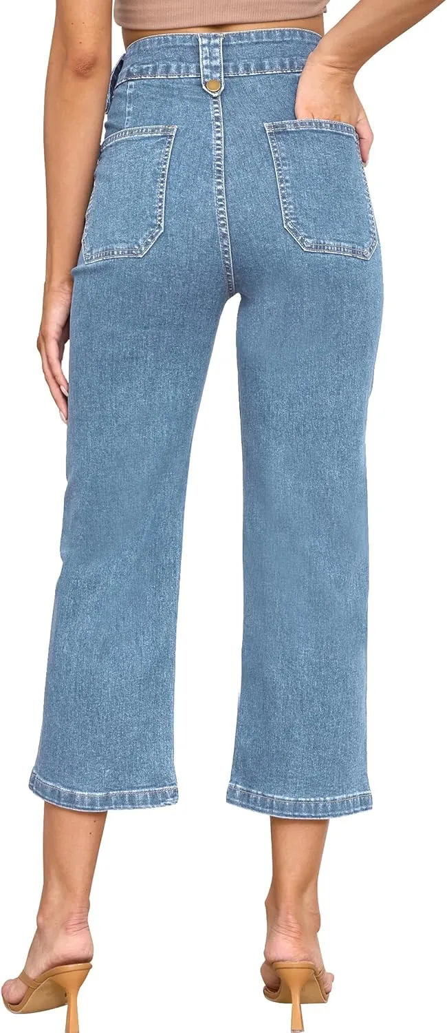 ALLABREVE Women's Wide Leg Jeans High Waisted Stretchy Straight Leg Jeans Buttoned Loose Denim Pants with Pocket