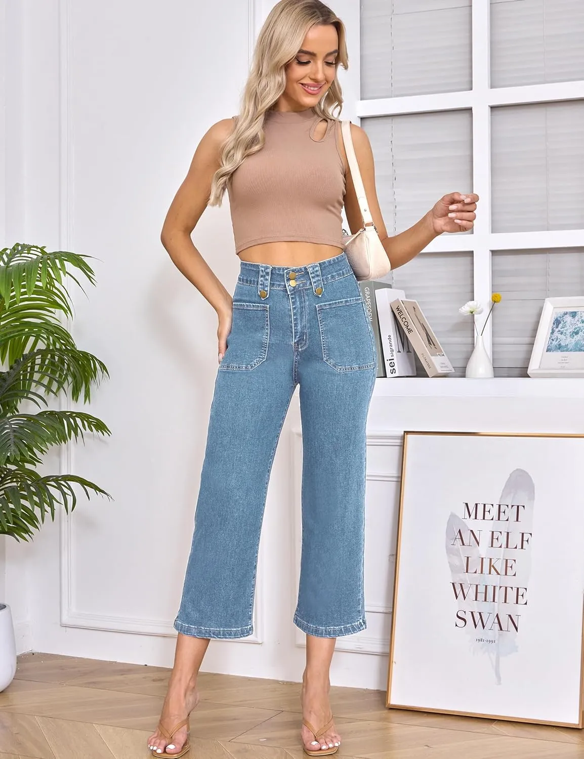 ALLABREVE Women's Wide Leg Jeans High Waisted Stretchy Straight Leg Jeans Buttoned Loose Denim Pants with Pocket