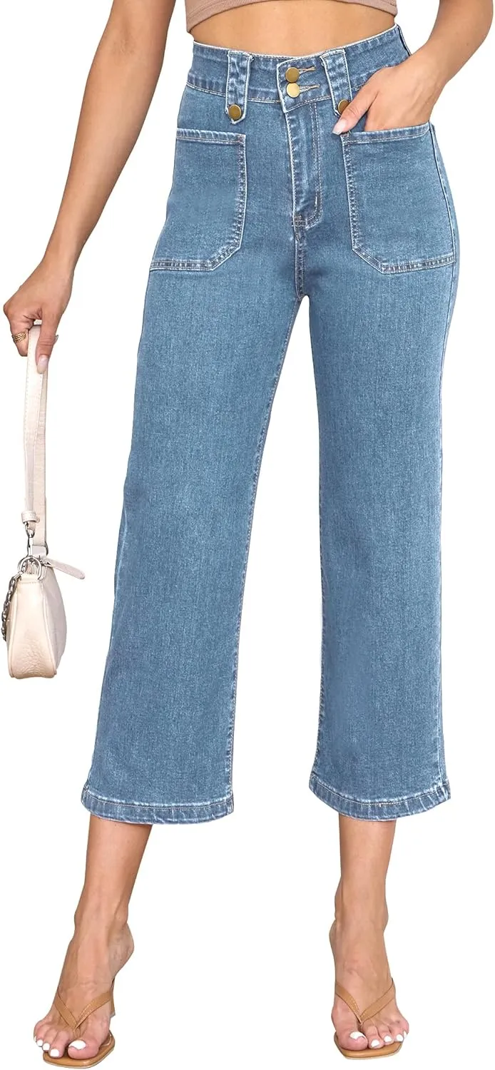 ALLABREVE Women's Wide Leg Jeans High Waisted Stretchy Straight Leg Jeans Buttoned Loose Denim Pants with Pocket