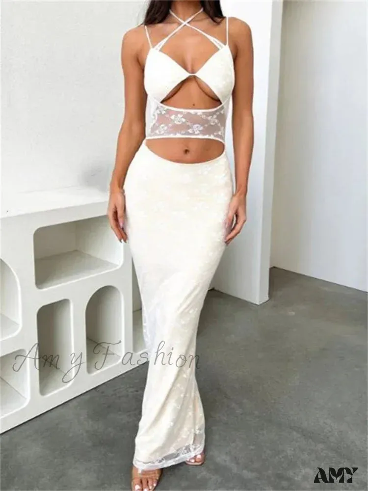 Amy Fashion - Sexy Women Lace See Through  Sleeveless Spaghetti Strap Cutout Elegant Party Female Vestidos  New