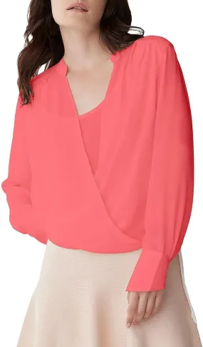 BCBGMAXAZRIA Women's Relaxed Long Sleeve Faux Wrap Blouse Scoop Neck Surplice Top