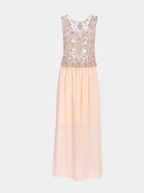 Beige Sleeveless Lace Maxi Dress