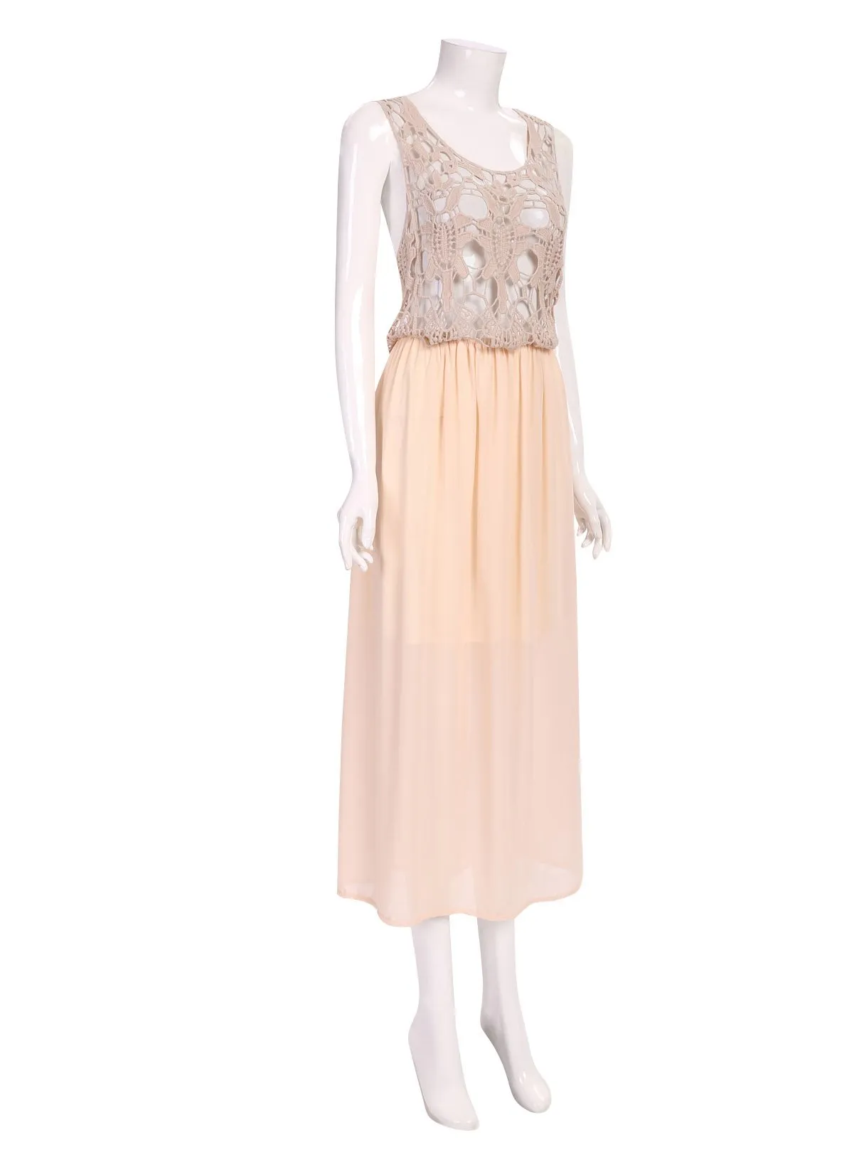 Beige Sleeveless Lace Maxi Dress