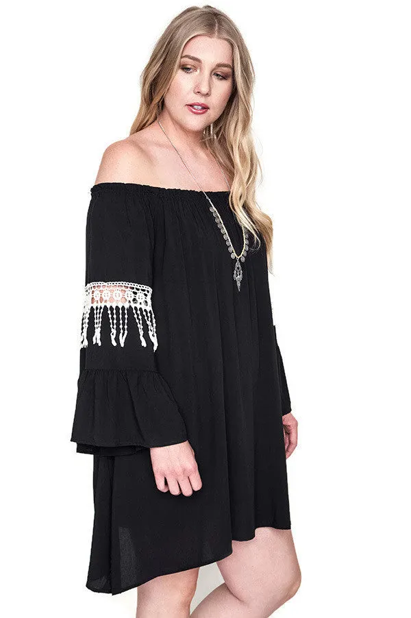 Bell Sleeve Boho Chic Dress, Black