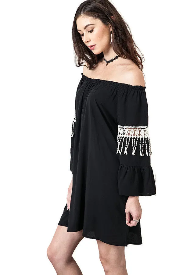 Bell Sleeve Boho Chic Dress, Black