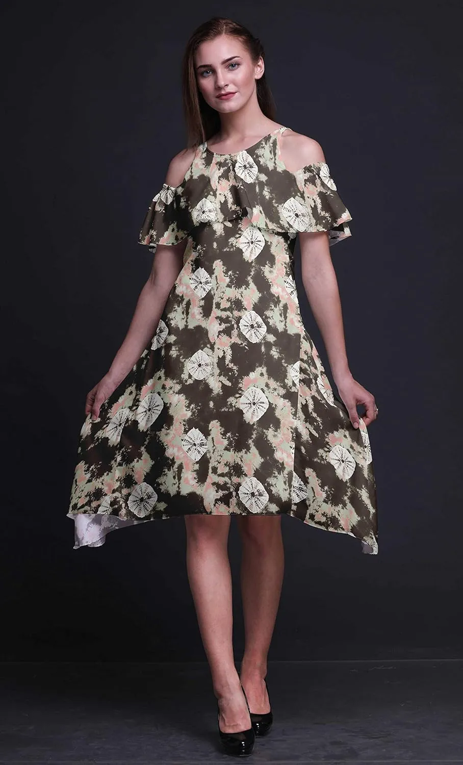 Bimba Moss Georgette Printed Womens Chic Style Cold Shoulder Tunic Party Round Neck Shift Dress