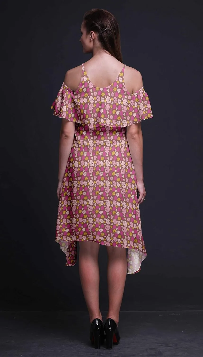 Bimba Moss Georgette Printed Womens Chic Style Cold Shoulder Tunic Party Round Neck Shift Dress