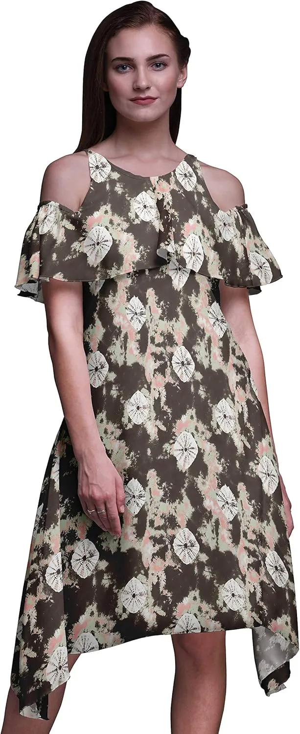 Bimba Moss Georgette Printed Womens Chic Style Cold Shoulder Tunic Party Round Neck Shift Dress
