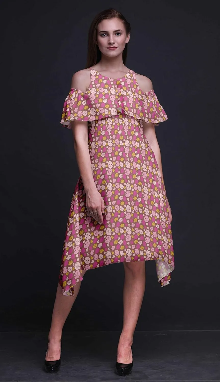 Bimba Moss Georgette Printed Womens Chic Style Cold Shoulder Tunic Party Round Neck Shift Dress