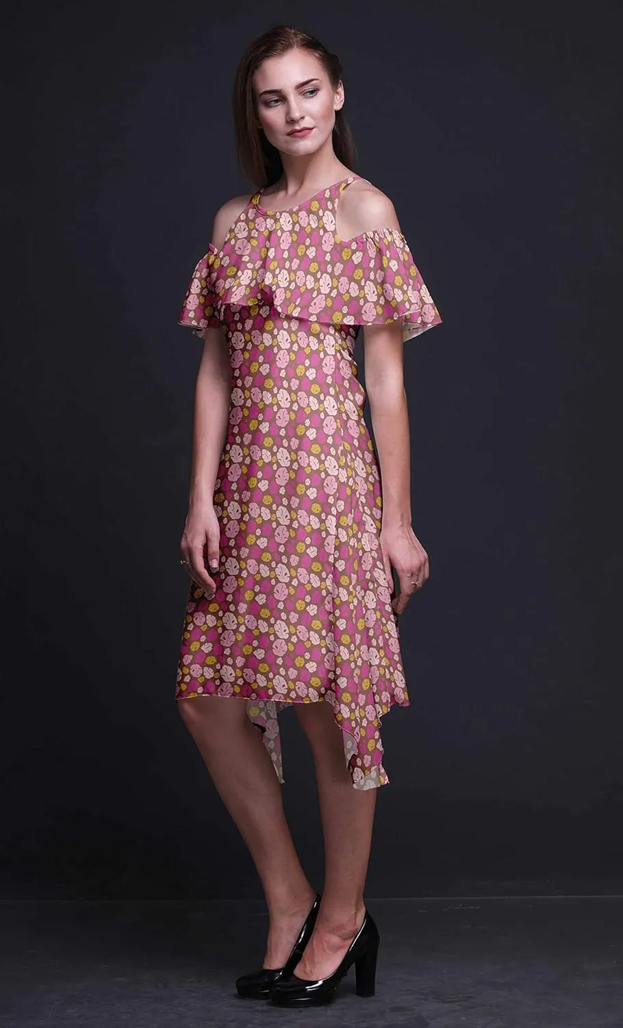 Bimba Moss Georgette Printed Womens Chic Style Cold Shoulder Tunic Party Round Neck Shift Dress
