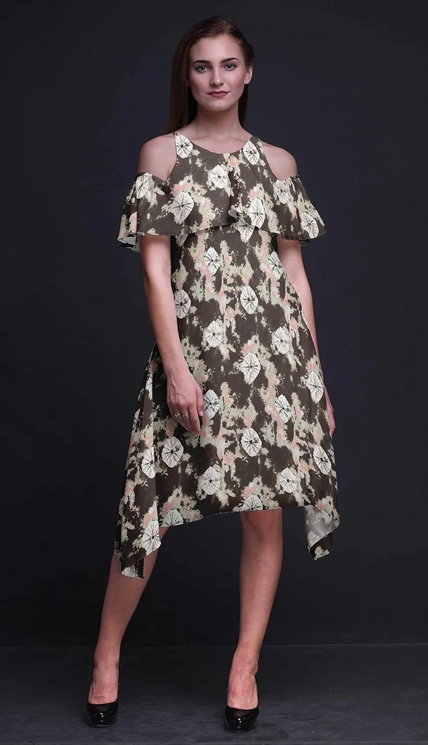 Bimba Moss Georgette Printed Womens Chic Style Cold Shoulder Tunic Party Round Neck Shift Dress