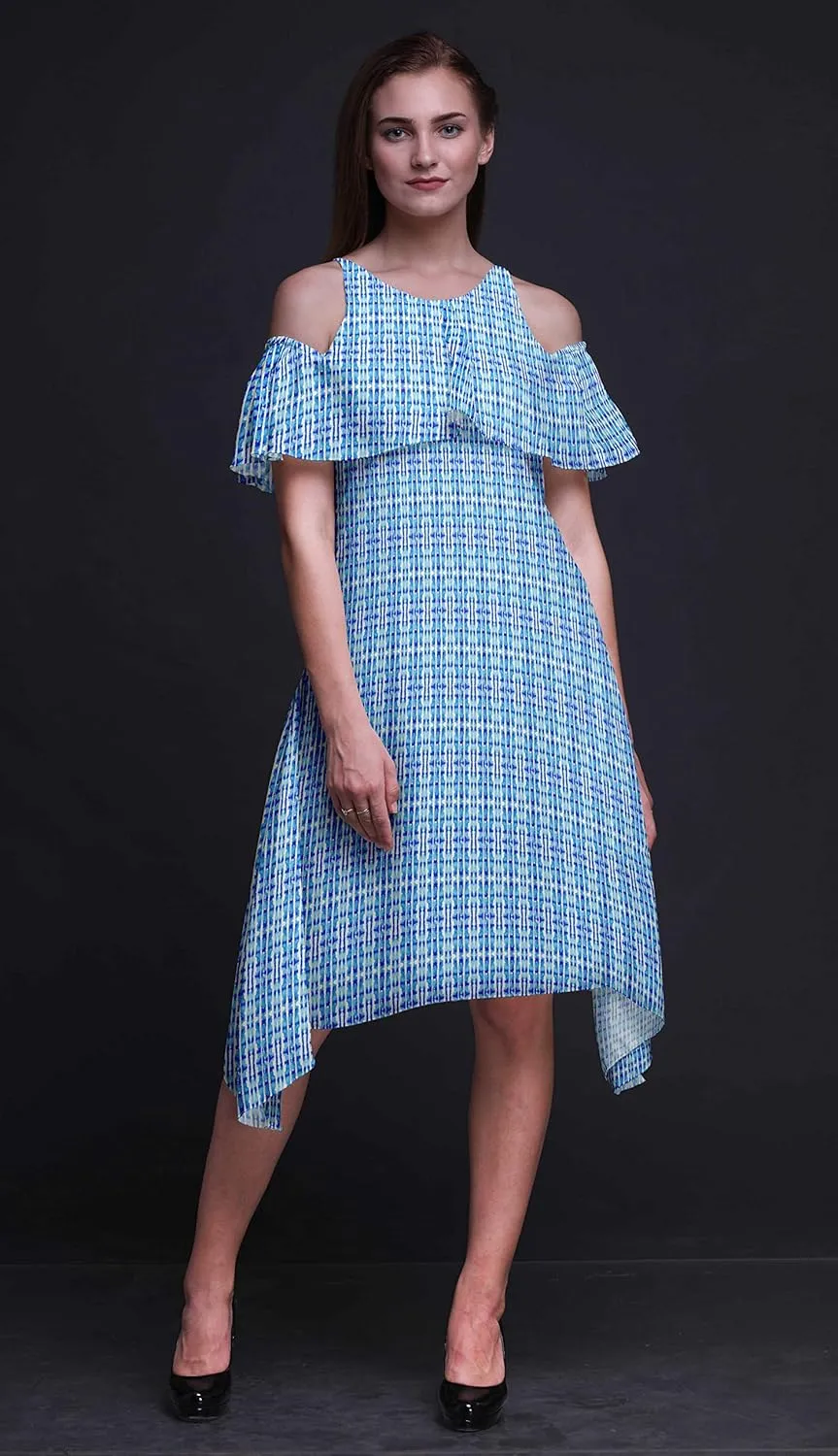 Bimba Moss Georgette Printed Womens Chic Style Cold Shoulder Tunic Party Round Neck Shift Dress