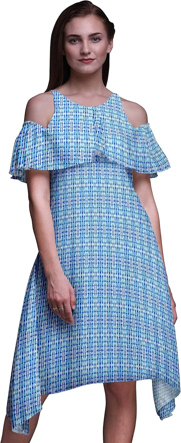 Bimba Moss Georgette Printed Womens Chic Style Cold Shoulder Tunic Party Round Neck Shift Dress