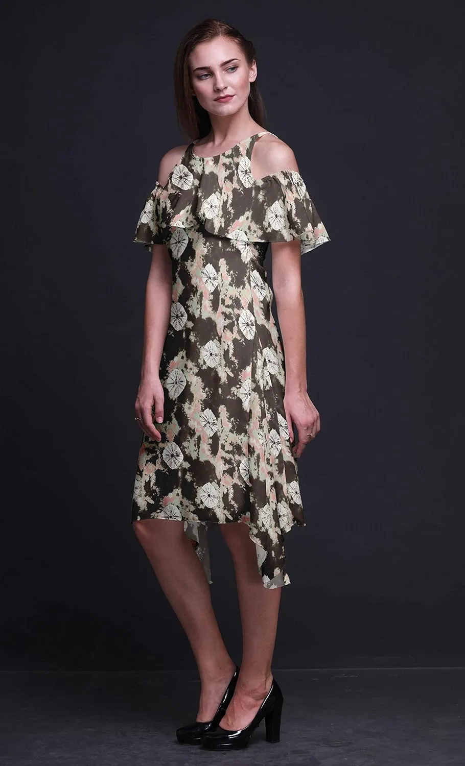 Bimba Moss Georgette Printed Womens Chic Style Cold Shoulder Tunic Party Round Neck Shift Dress