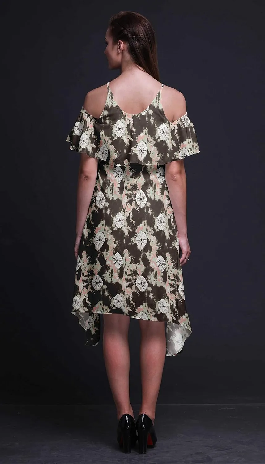 Bimba Moss Georgette Printed Womens Chic Style Cold Shoulder Tunic Party Round Neck Shift Dress