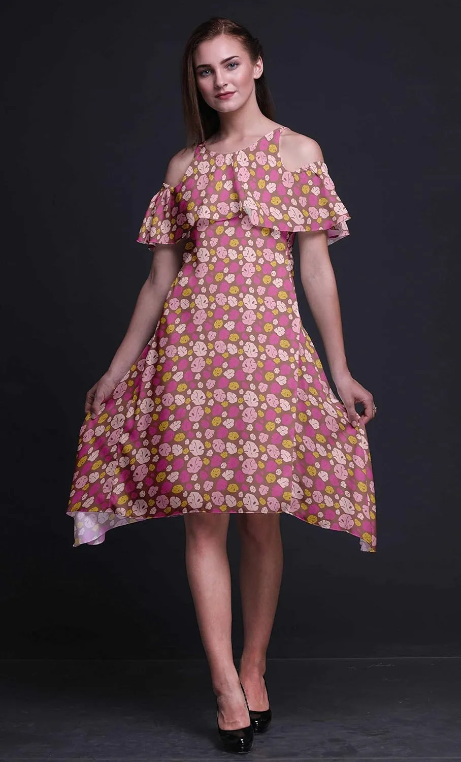 Bimba Moss Georgette Printed Womens Chic Style Cold Shoulder Tunic Party Round Neck Shift Dress