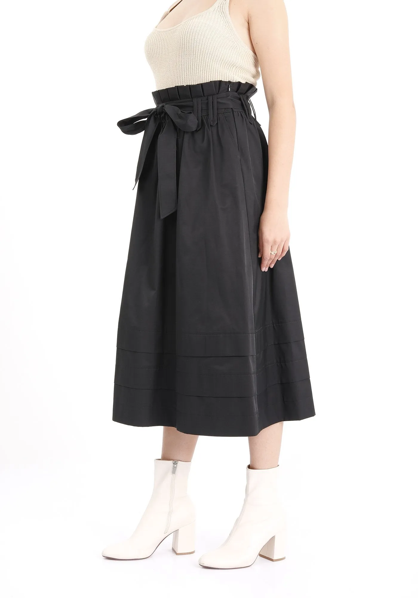 Black Paper Bag Belted Flare Skirt - G-Line