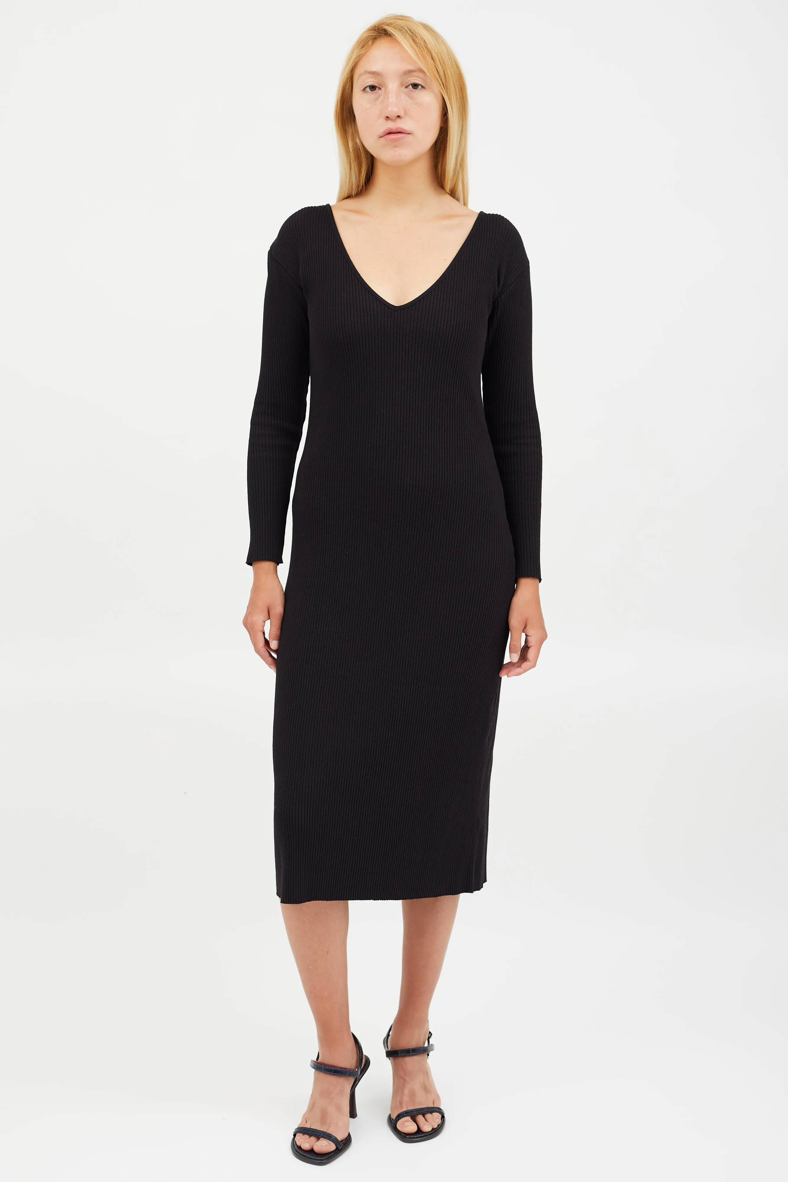 Black Ribbed V-Neck Midi Dress
