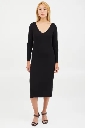 Black Ribbed V-Neck Midi Dress