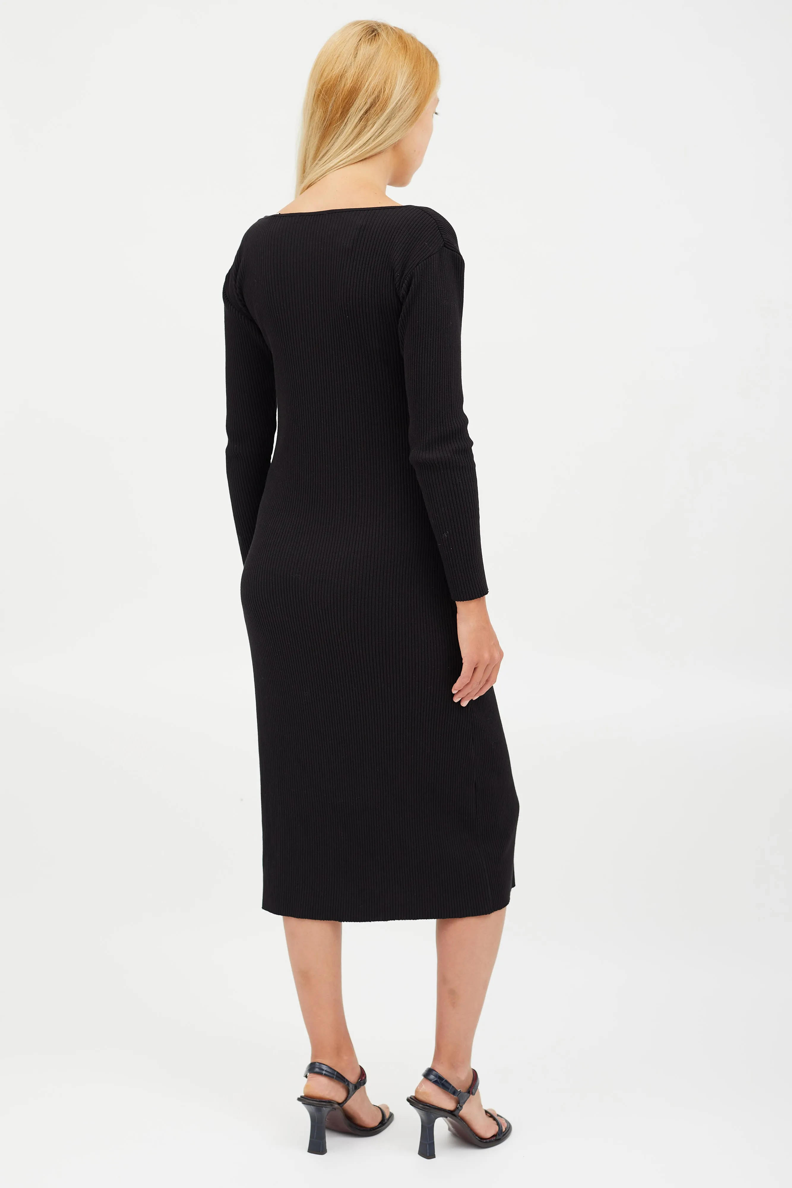Black Ribbed V-Neck Midi Dress