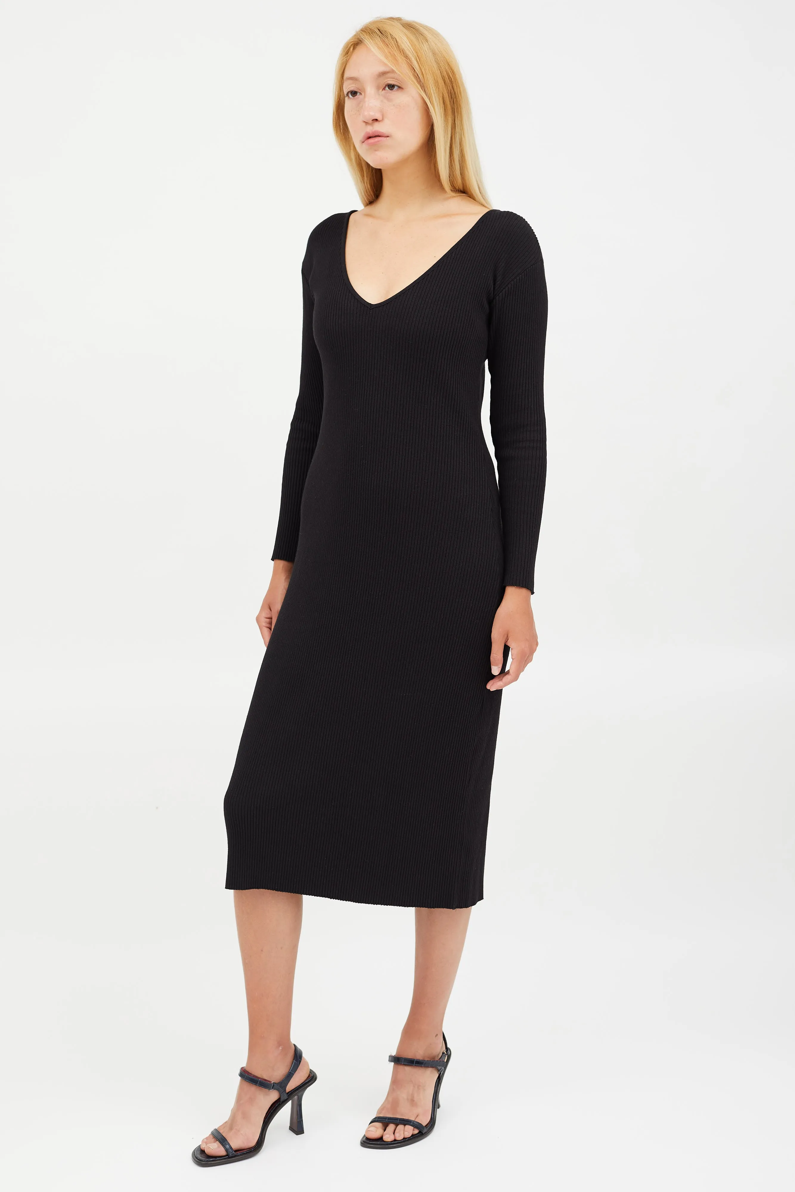 Black Ribbed V-Neck Midi Dress