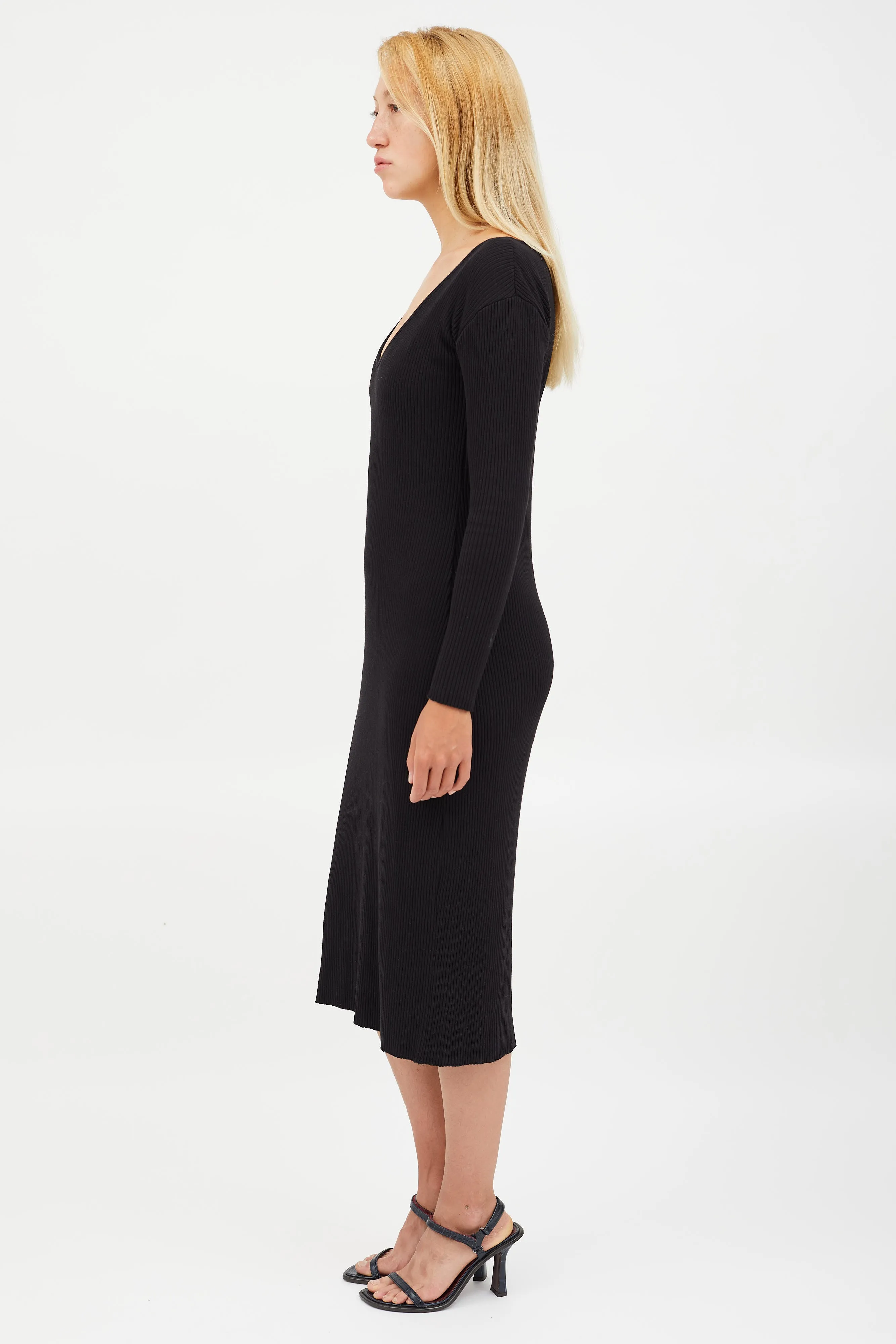 Black Ribbed V-Neck Midi Dress