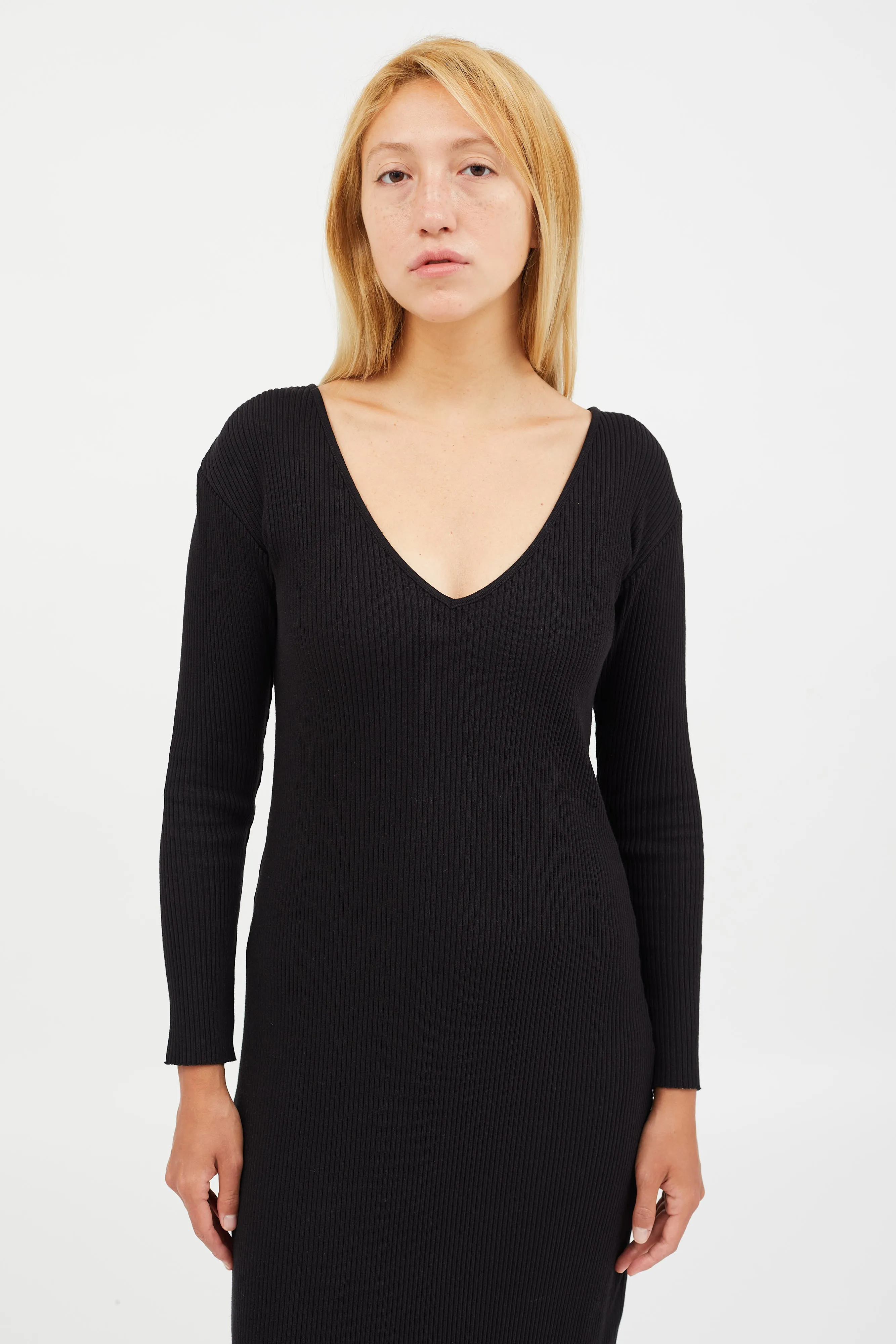 Black Ribbed V-Neck Midi Dress