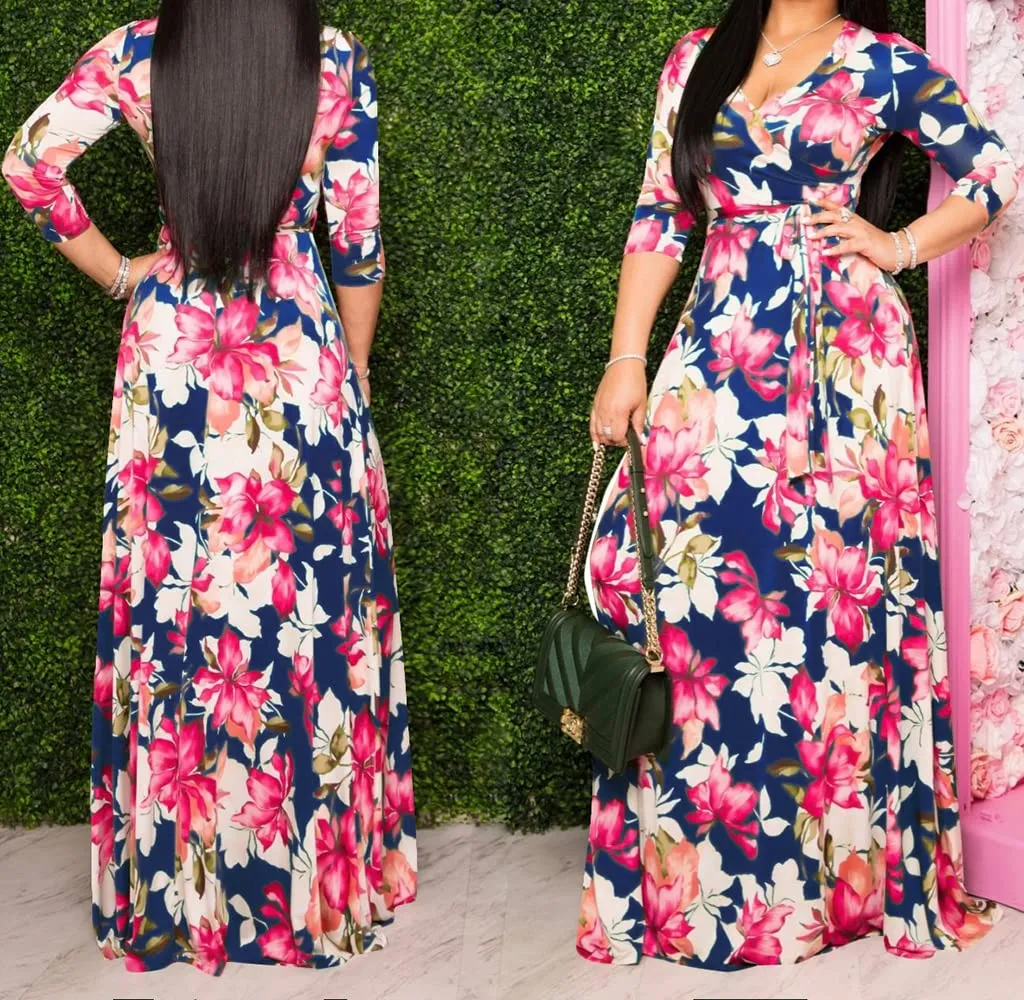 Black Womens Casual Floral Print Long Maxi Dress Plus Size Plain Party Outfits - JTNFairy
