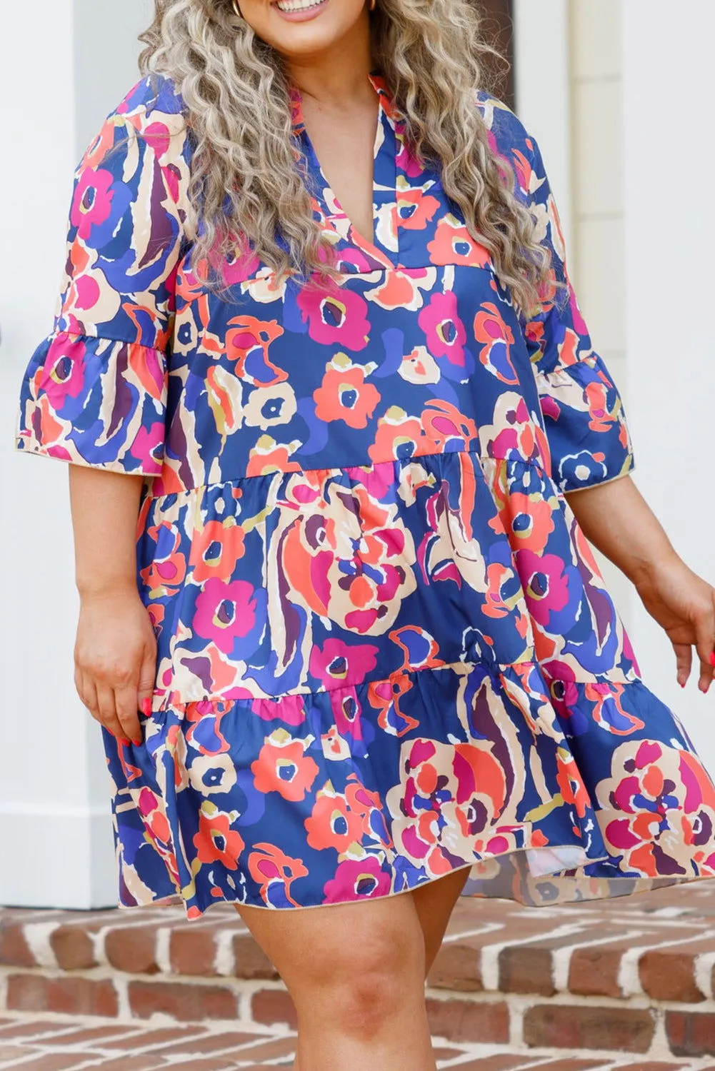 Blue Plus Size Floral Print Bell Sleeve Mini Dress - Stylish