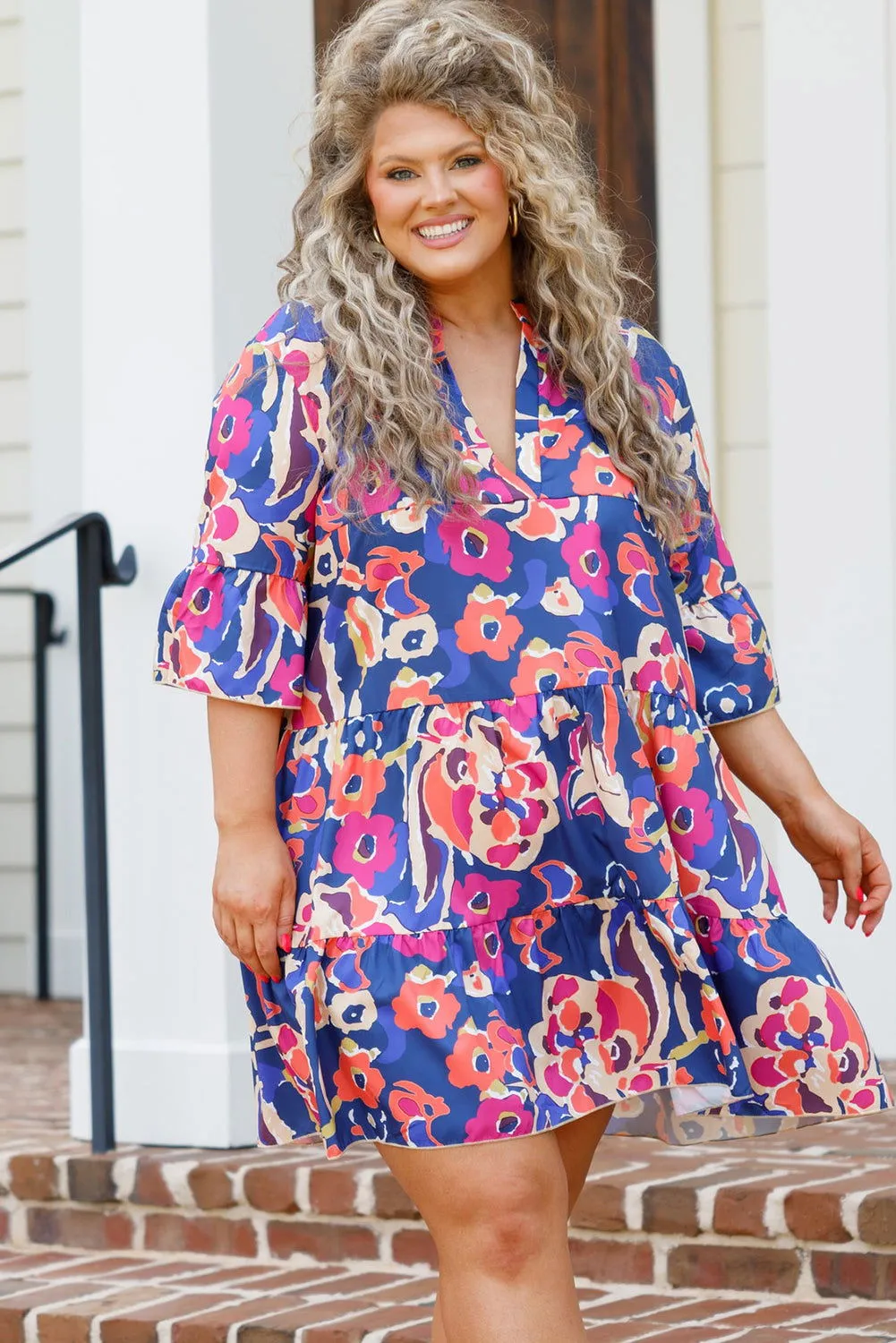 Blue Plus Size Floral Print Bell Sleeve Mini Dress - Stylish