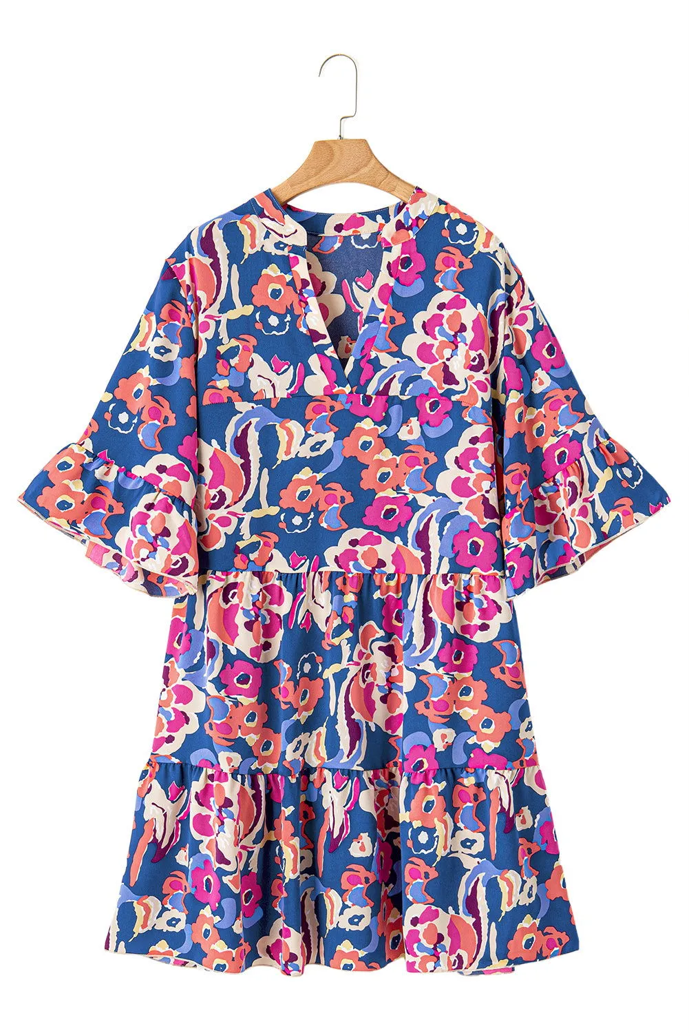 Blue Plus Size Floral Print Bell Sleeve Mini Dress - Stylish