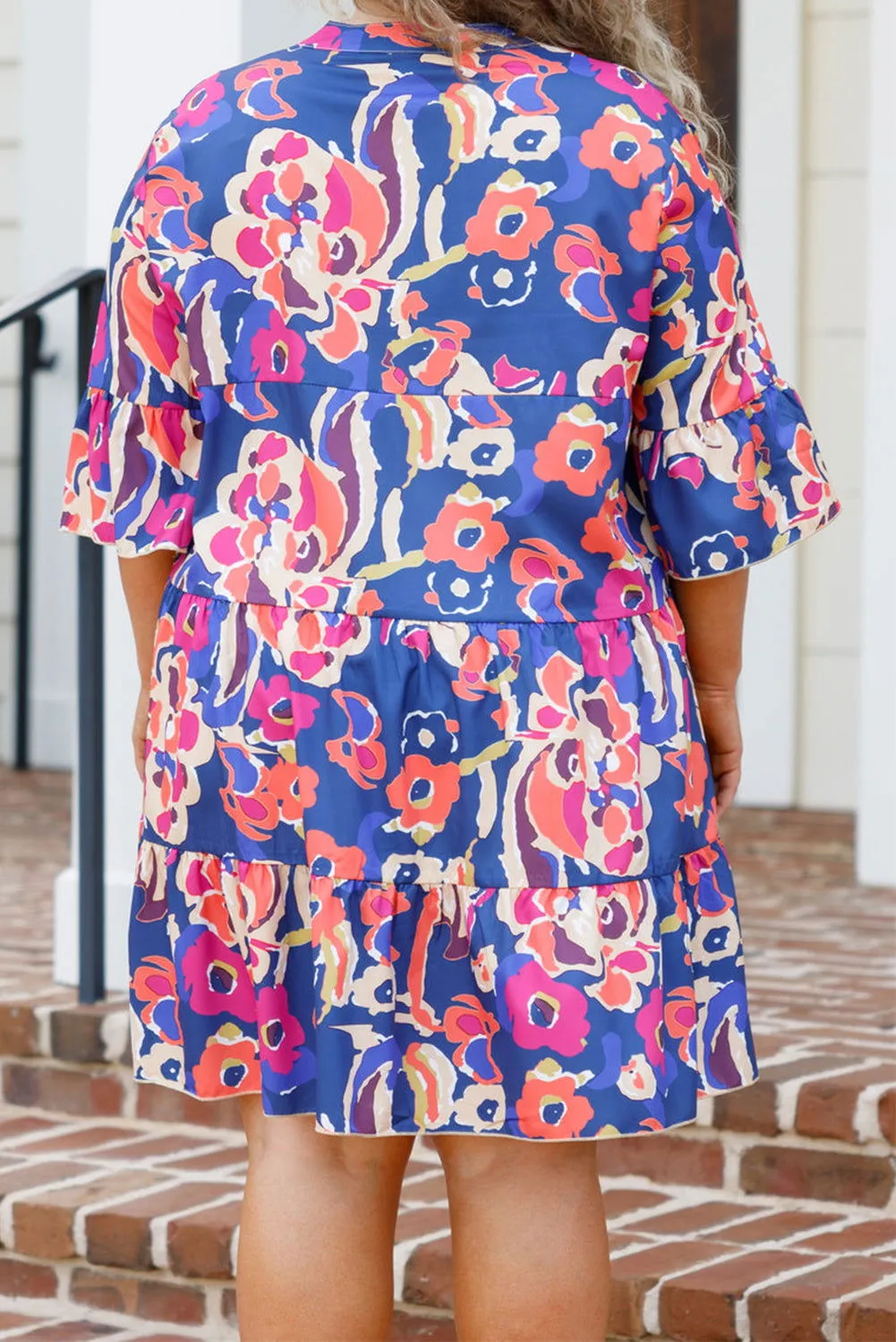 Blue Plus Size Floral Print Bell Sleeve Mini Dress - Stylish