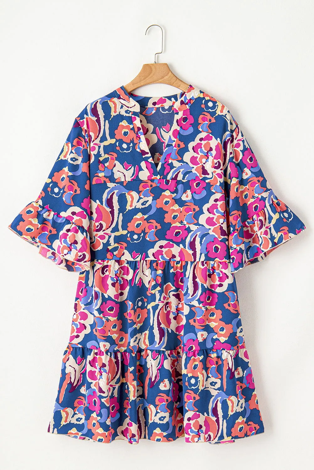 Blue Plus Size Floral Print Bell Sleeve Mini Dress - Stylish