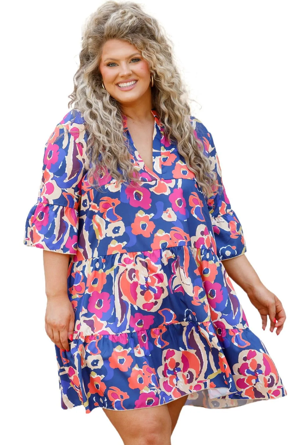 Blue Plus Size Floral Print Bell Sleeve Mini Dress - Stylish
