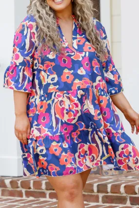 Blue Plus Size Floral Print Bell Sleeve Mini Dress - Stylish