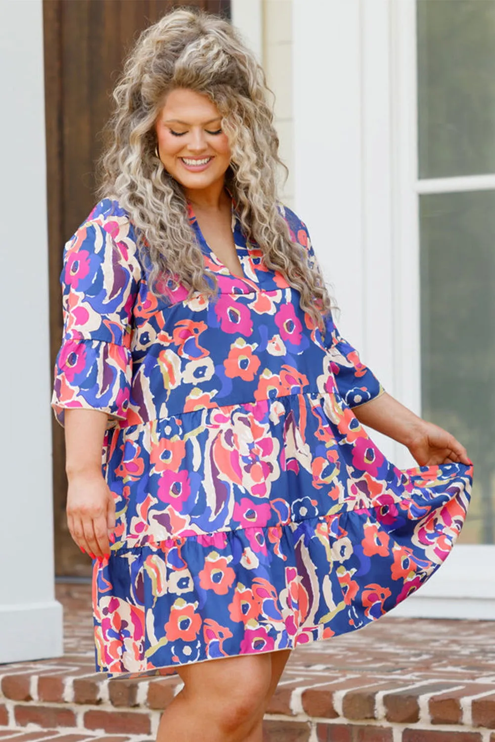 Blue Plus Size Floral Print Bell Sleeve Mini Dress - Stylish