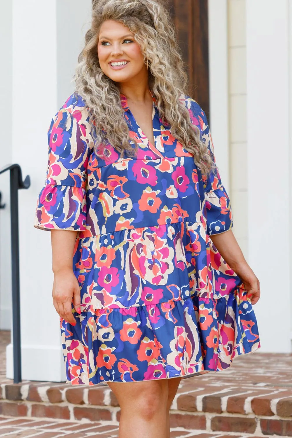 Blue Plus Size Floral Print Bell Sleeve Mini Dress - Stylish