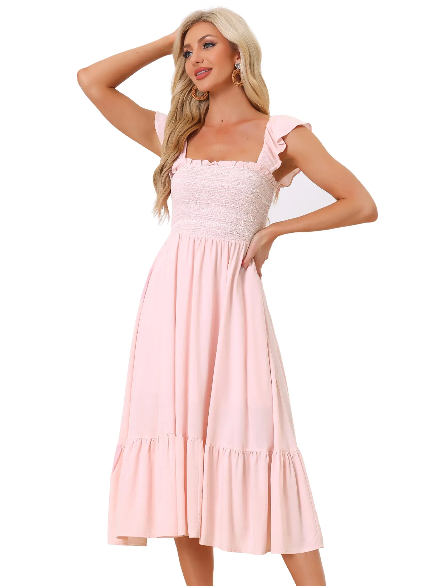 Boho Square Neck Ruffle Tiered Flowy Smocked Midi Dress Sundress
