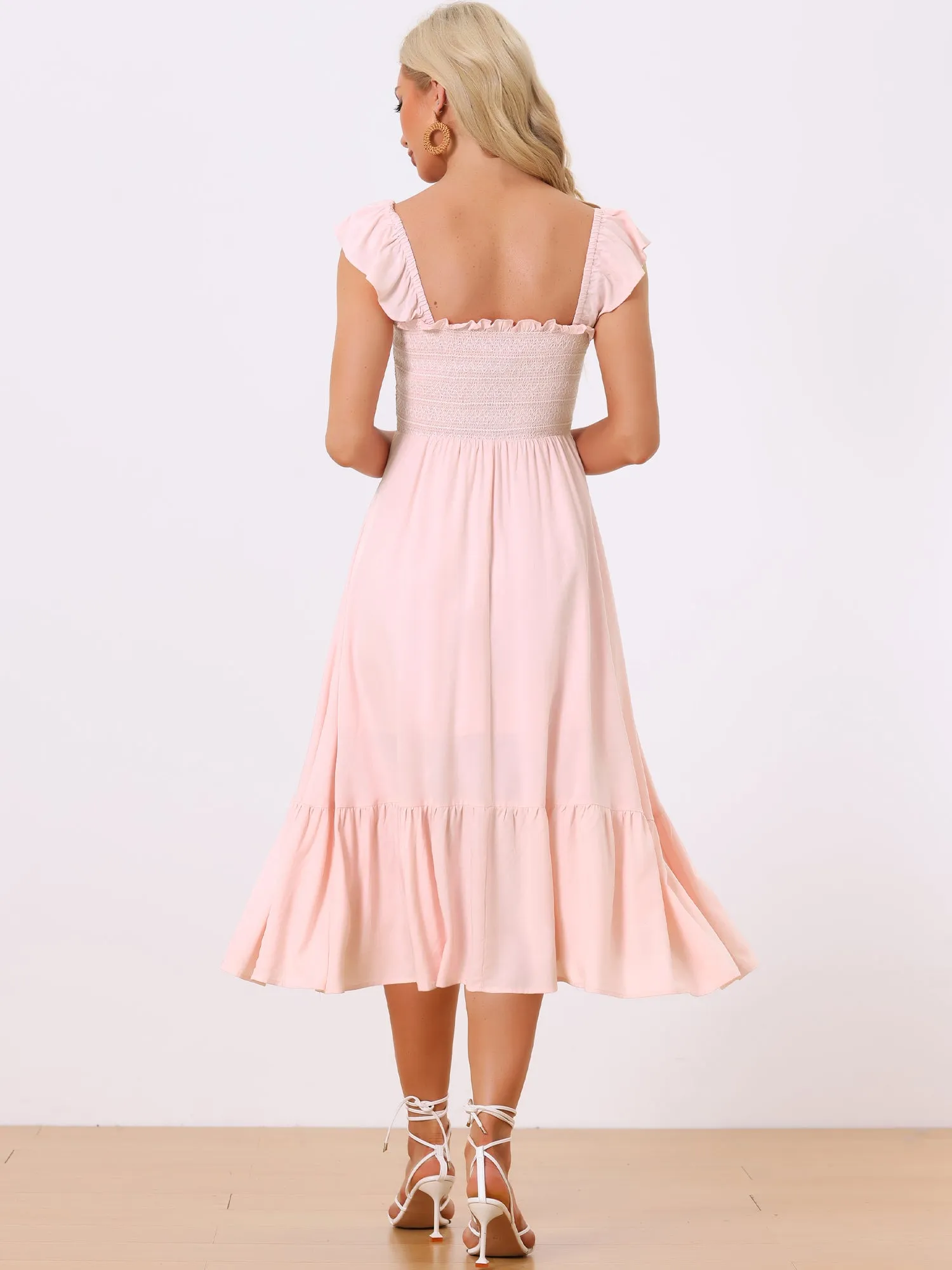 Boho Square Neck Ruffle Tiered Flowy Smocked Midi Dress Sundress
