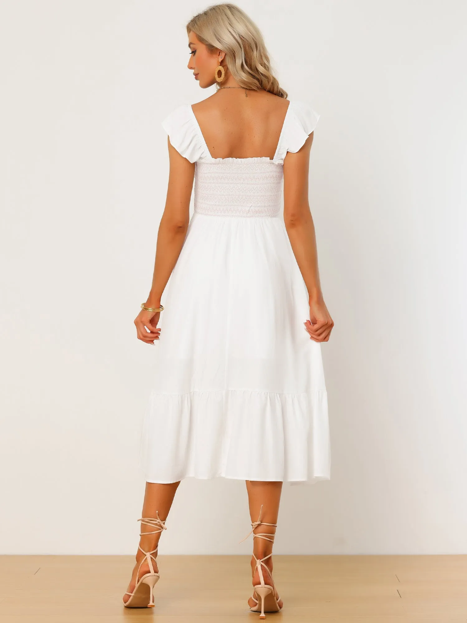 Boho Square Neck Ruffle Tiered Flowy Smocked Midi Dress Sundress
