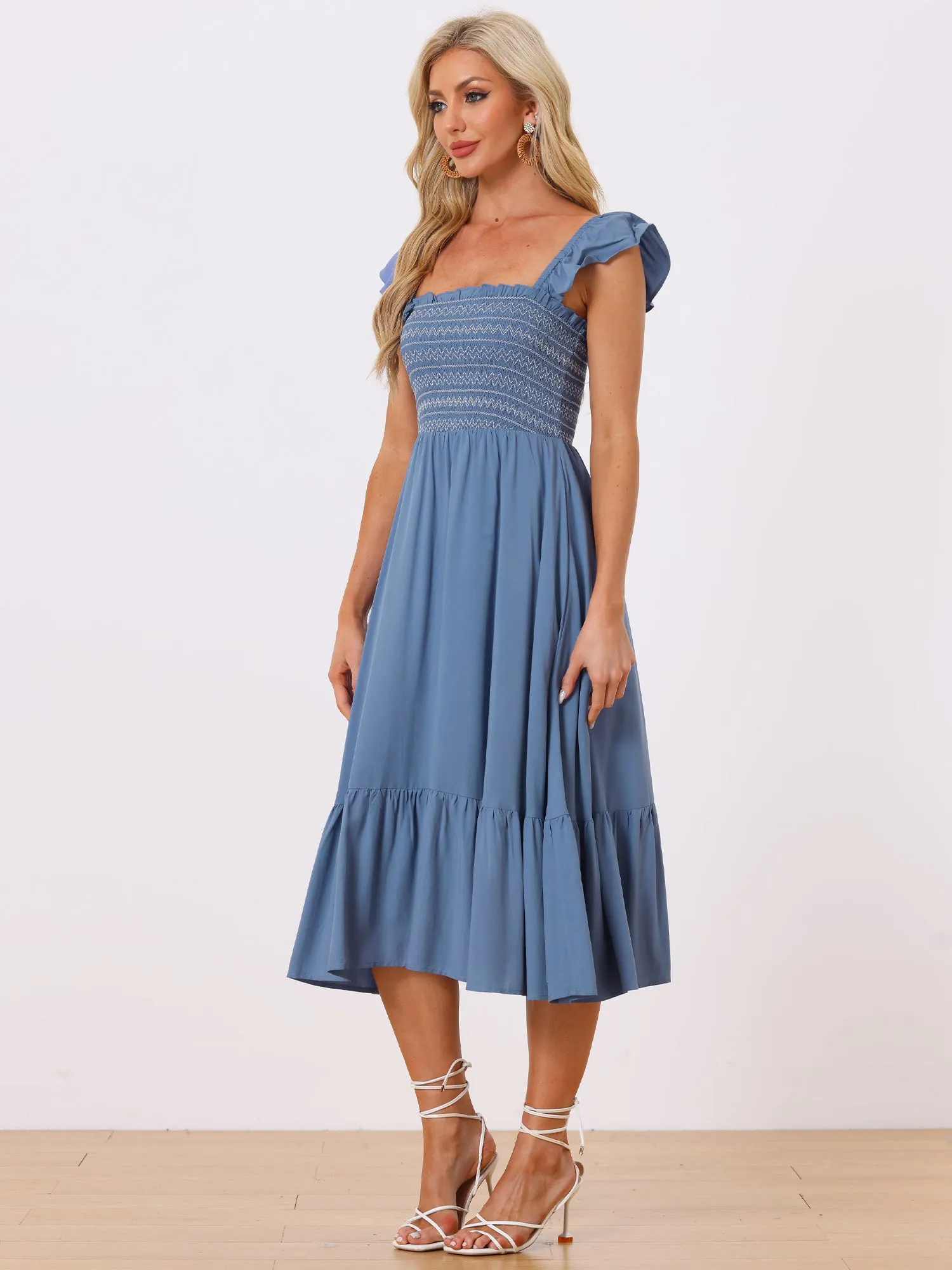 Boho Square Neck Ruffle Tiered Flowy Smocked Midi Dress Sundress