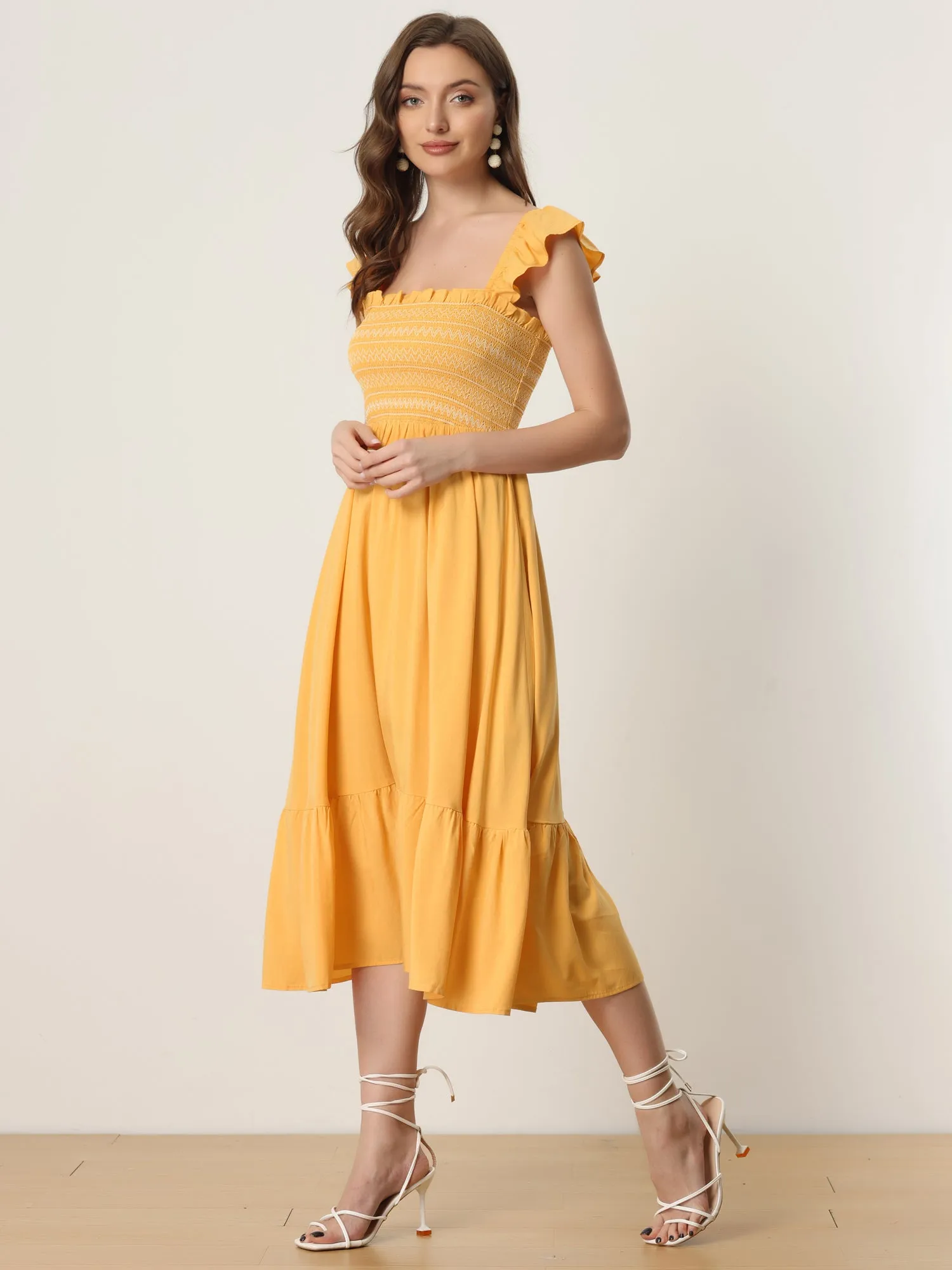 Boho Square Neck Ruffle Tiered Flowy Smocked Midi Dress Sundress