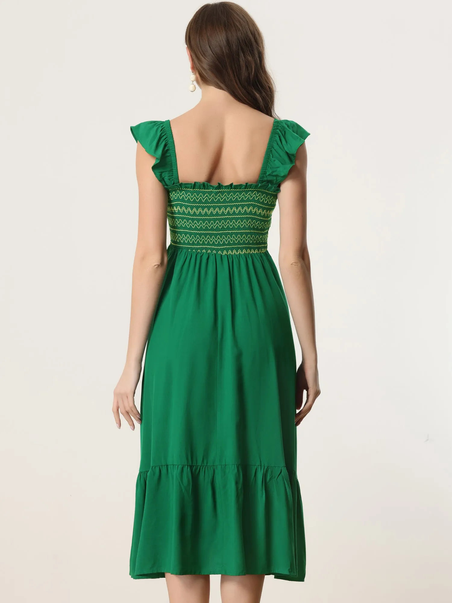 Boho Square Neck Ruffle Tiered Flowy Smocked Midi Dress Sundress