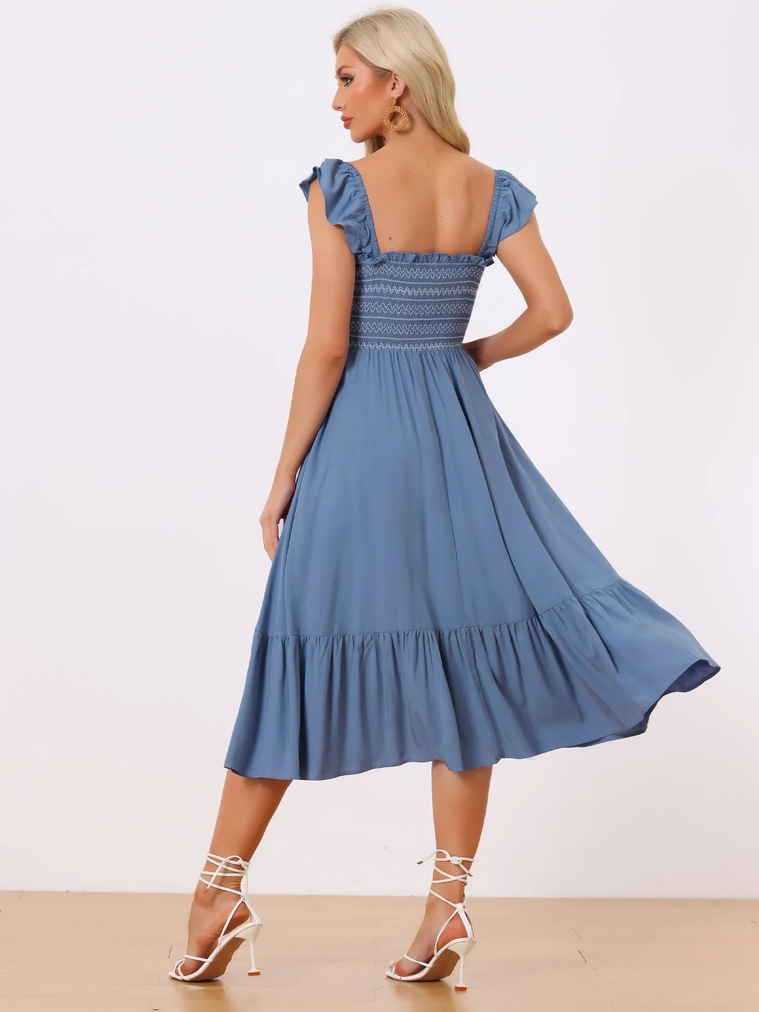 Boho Square Neck Ruffle Tiered Flowy Smocked Midi Dress Sundress